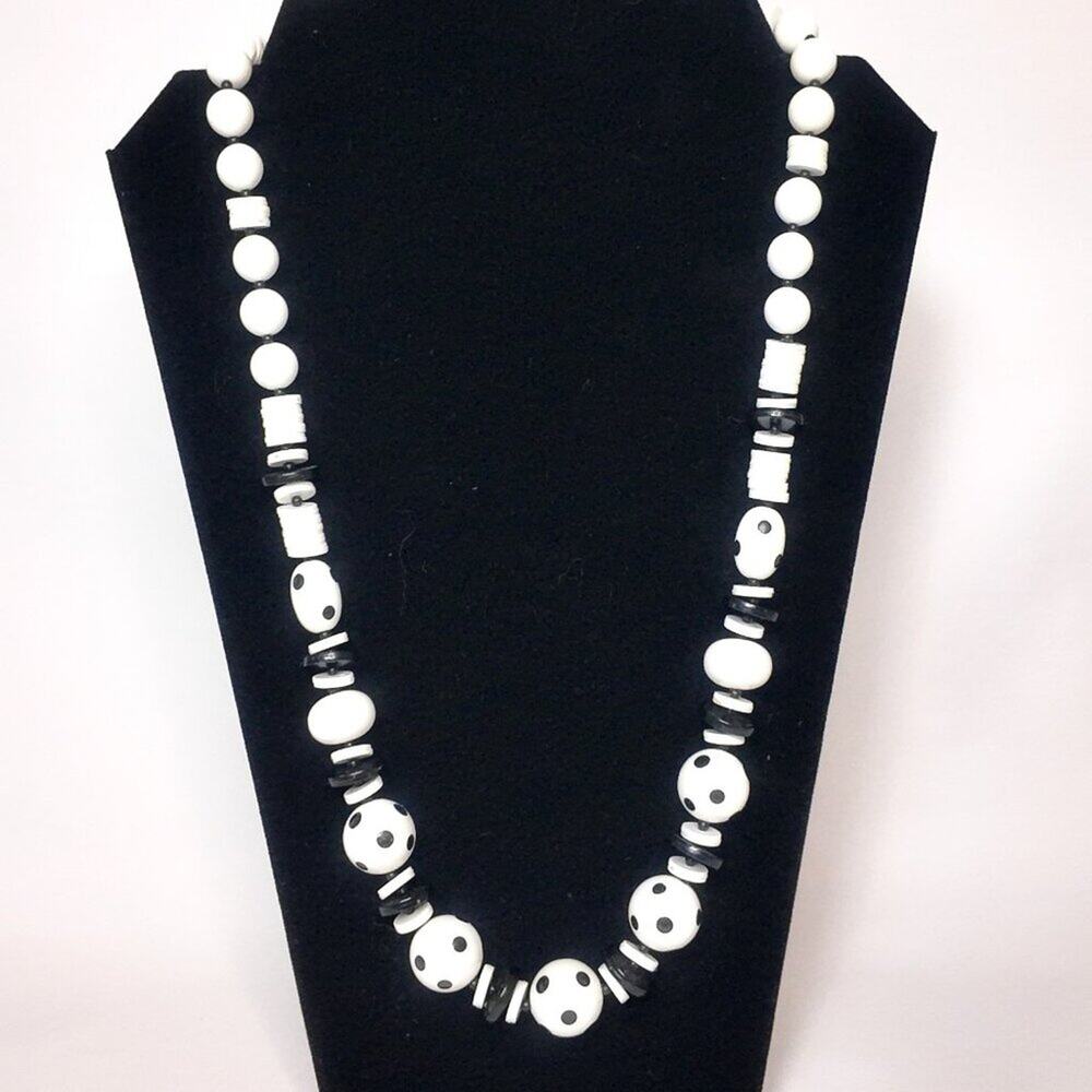 Vintage Polka Dot Beaded Necklace White & Black MCM Style 26" Retro Statement